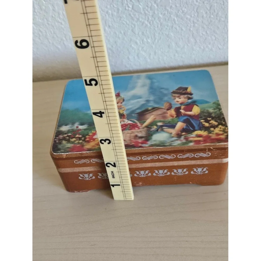Music Wood Jewelry Box Vintage Schmid Bros 3D Bavarian Picnic Scene Edelweiss